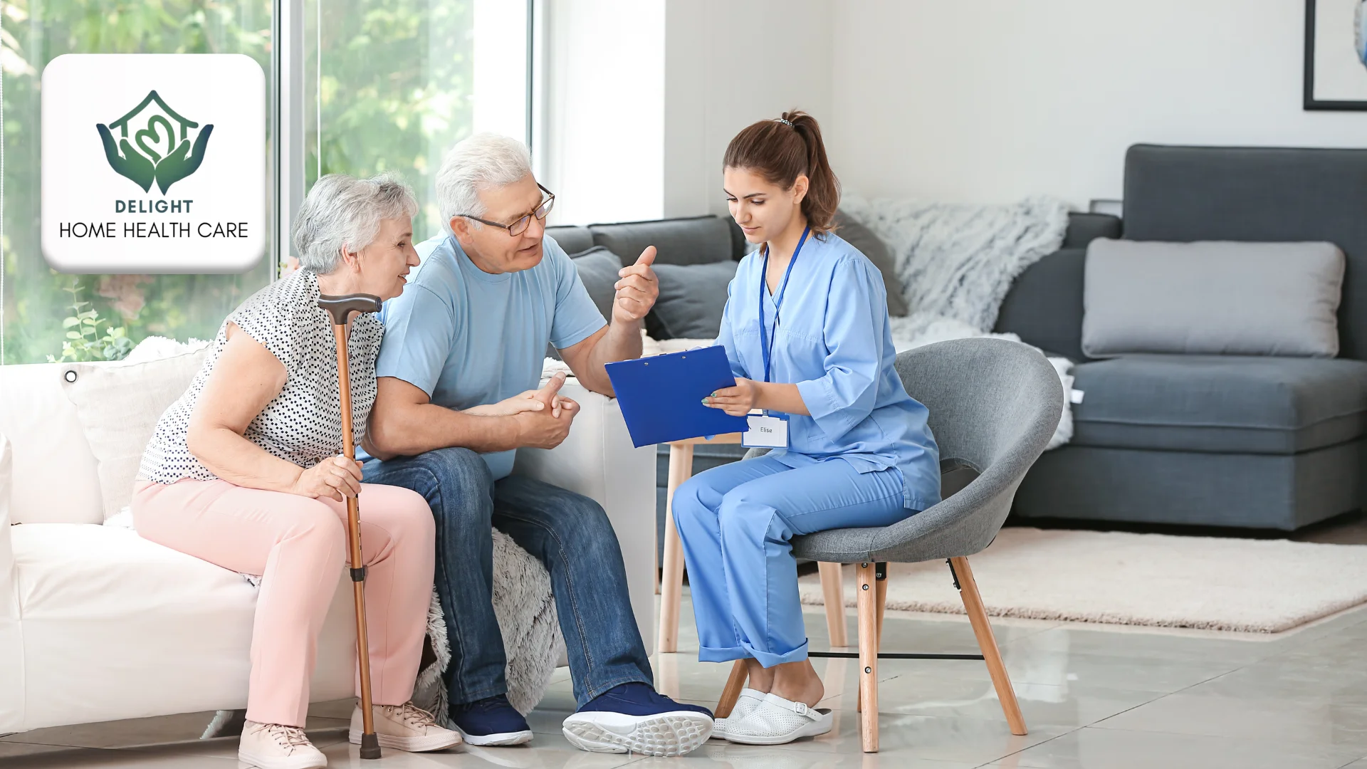 Caregiver helping an elderly woman walk safely through her senior home care in Edmonton, Alberta.