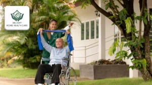 Caregiver providing trusted home care assistance in Edmonton to a smiling senior woman at home.